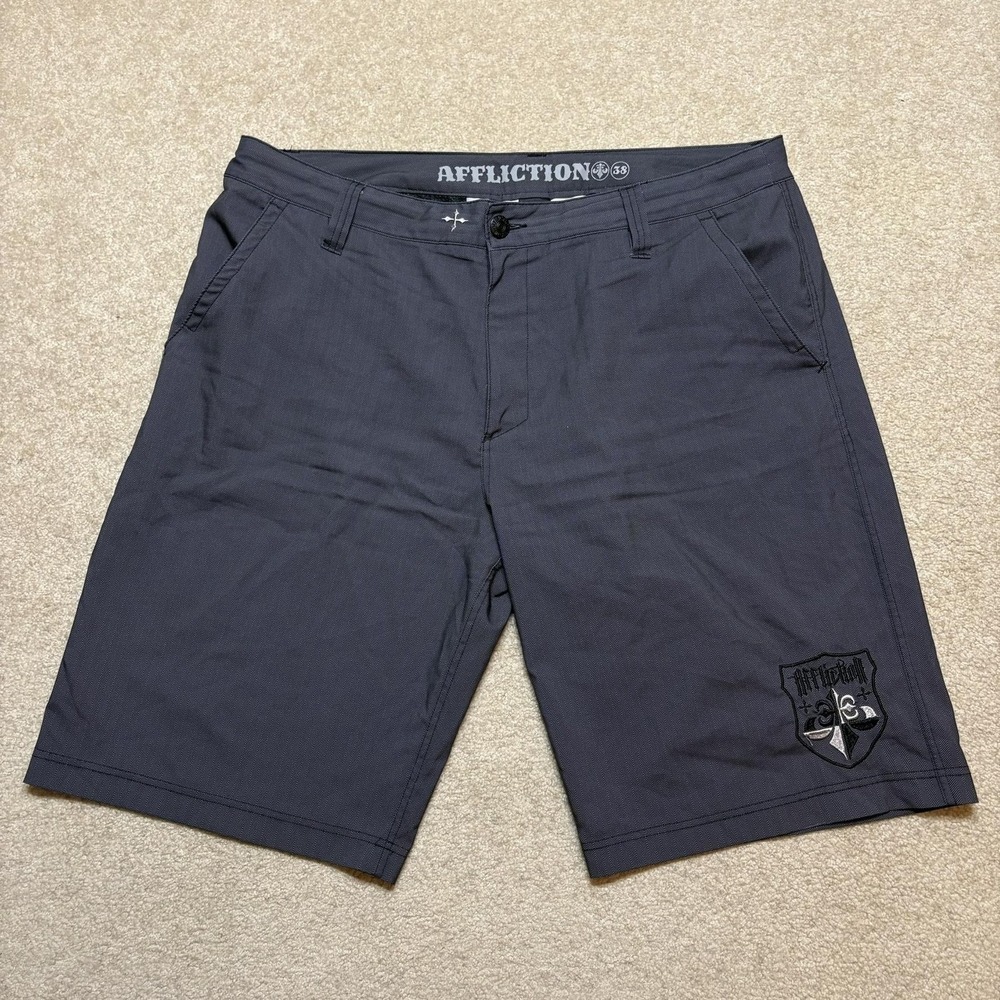 Y2K Affliction Swim Shorts Mens 38 Gray Lined Board Trunks Embroidered Grunge